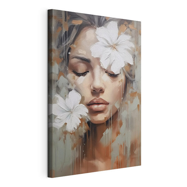 Schilderij van een vrouw met witte bloemen op haar hoofd Canvas Schilderijen Schilderij van een vrouw met witte bloemen op haar hoofd