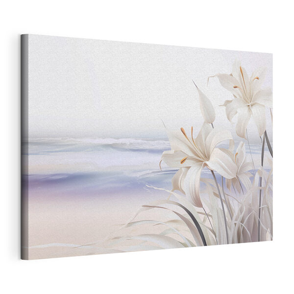 Canvas Schilderijen Witte bloemen op het strand