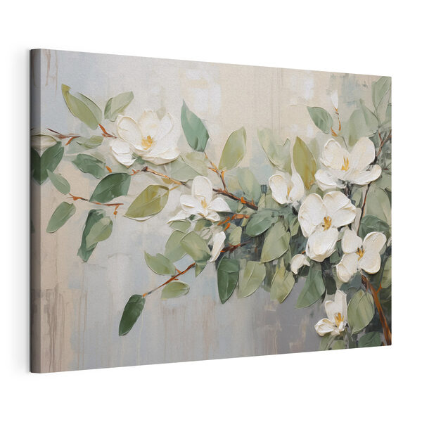 Schilderij van witte bloemen en groene bladeren Canvas Schilderijen Schilderij van witte bloemen en groene bladeren