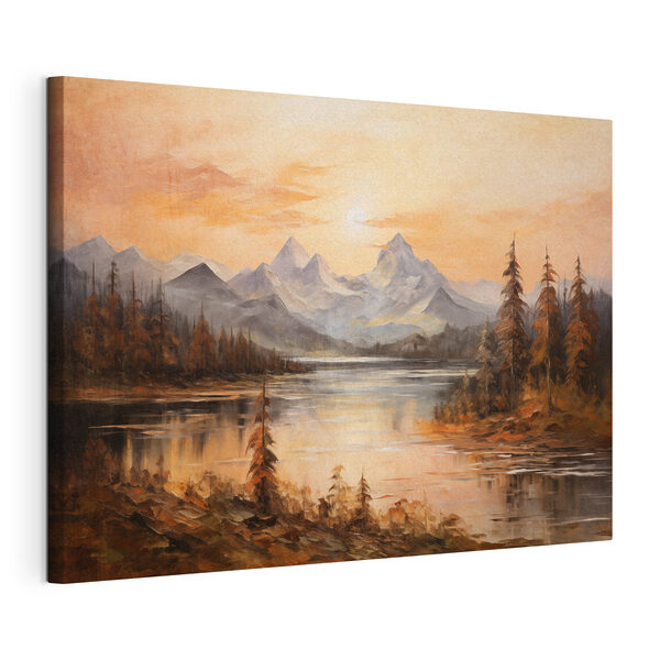 Schilderij van een meer met bergen op de achtergrond Canvas Schilderijen Schilderij van een meer met bergen op de achtergrond