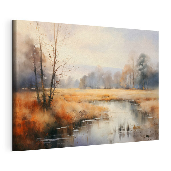 Canvas Schilderijen Aquarelschilderij van een moeras met bomen en gras