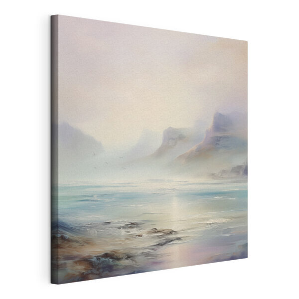 Canvas Schilderijen Schilderij van een landschap met bergen en water