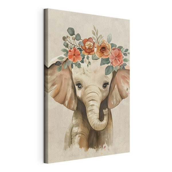 Canvas Schilderijen Babyolifant met bloemen op zijn kop