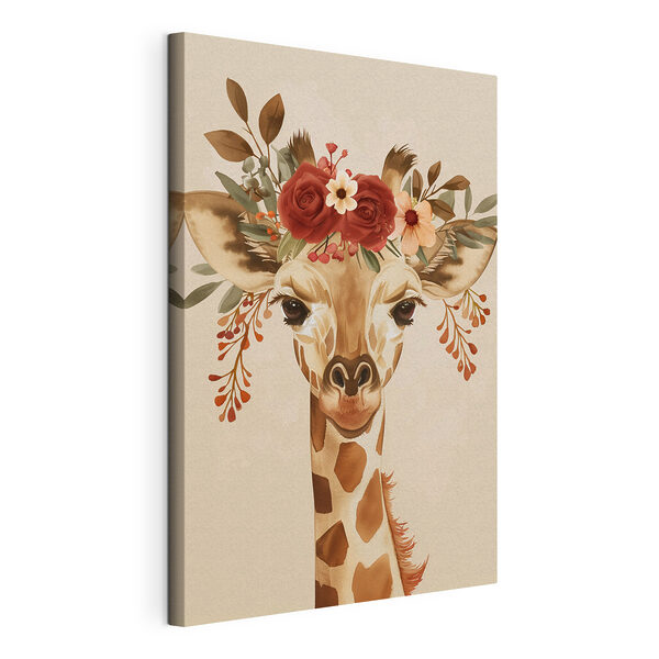 Canvas Schilderijen Giraffe met bloemen op haar kop