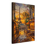 Canvas Schilderijen Straat met tafels en stoelen voor een toren