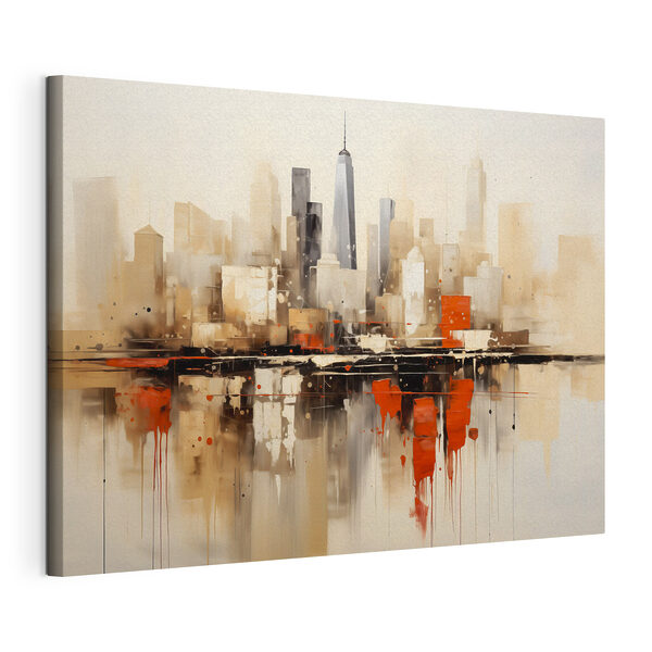 Canvas Schilderijen Schilderij van een stad met de weerspiegeling van een gebouw