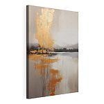Canvas Schilderijen Schilderij van een meer met bomen en mist