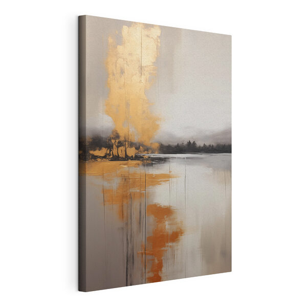 Schilderij van een meer met bomen en mist Canvas Schilderijen Schilderij van een meer met bomen en mist