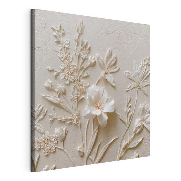 Wit bloemenborduurwerk op een witte ondergrond Canvas Schilderijen Wit bloemenborduurwerk op een witte ondergrond