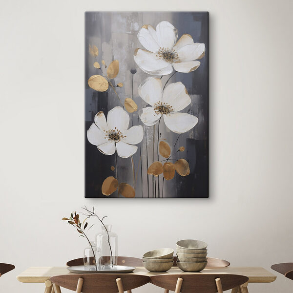 Elegante witte bloemen tegen een donkere achtergrond Canvas Schilderijen Elegante witte bloemen tegen een donkere achtergrond