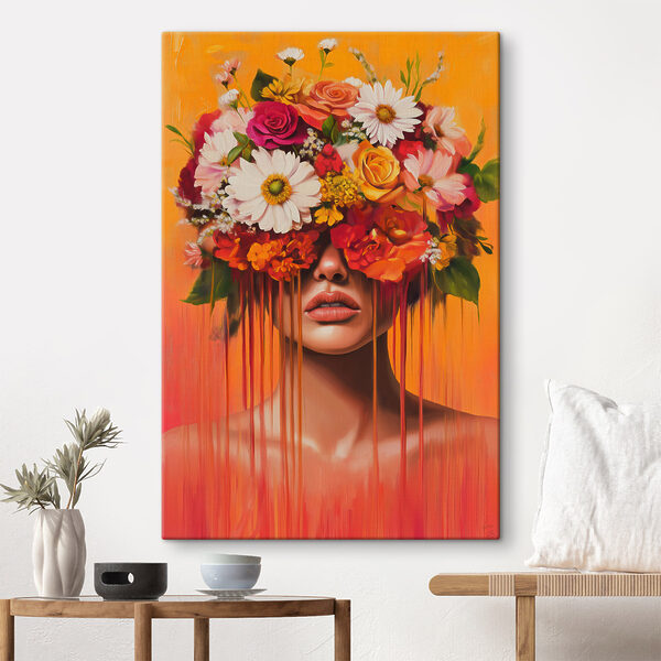 Canvas Schilderijen Schilderij van een vrouw met bloemen op haar hoofd