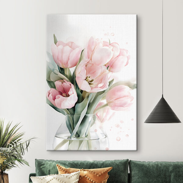 Zachtroze tulpen in een vaas Canvas Schilderijen Zachtroze tulpen in een vaas