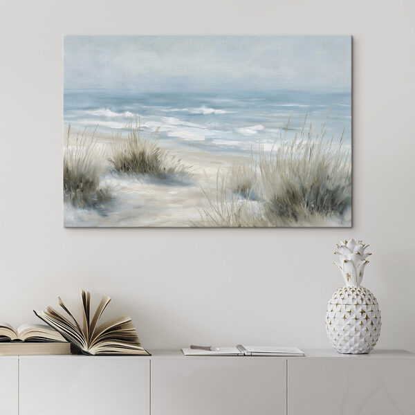 Strand met gras en golven Canvas Schilderijen Strand met gras en golven