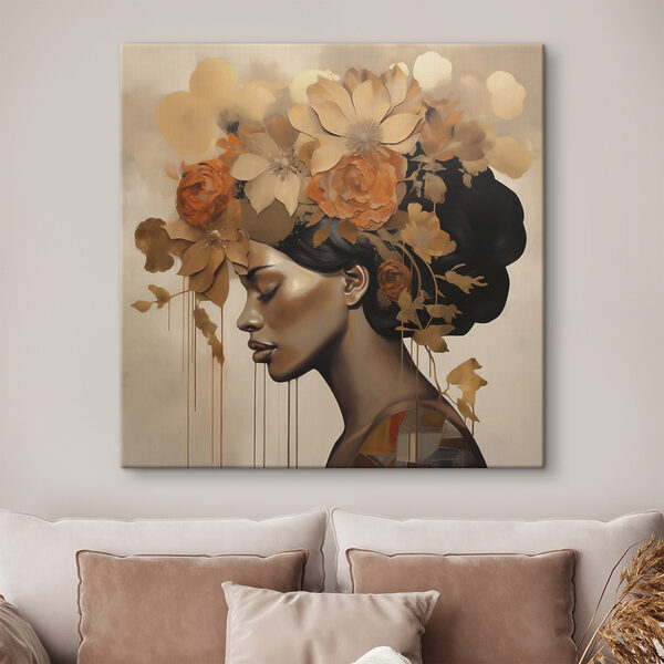 Canvas Schilderijen Schilderij van een vrouw met bloemen in haar haar