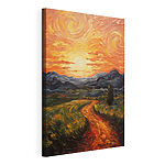 Canvas Schilderijen Schilderij van een weg door een veld met bergen en de zon