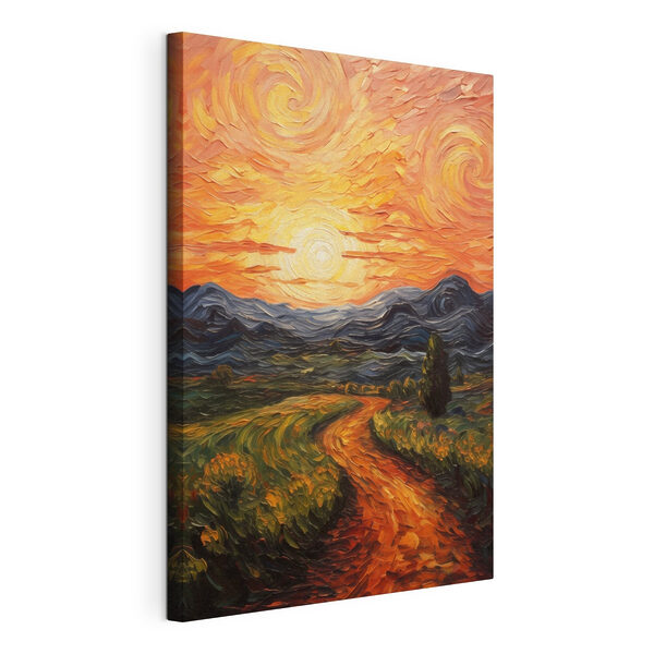 Schilderij van een weg door een veld met bergen en de zon Canvas Schilderijen Schilderij van een weg door een veld met bergen en de zon