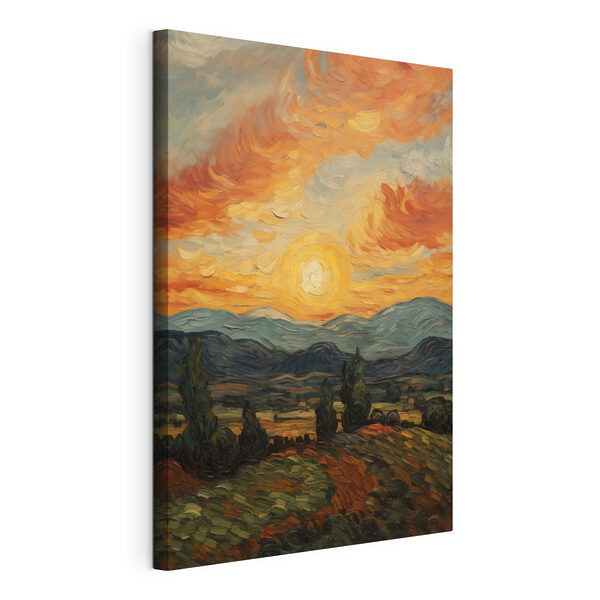Canvas Schilderijen Schilderij van een landschap met bomen en bergen