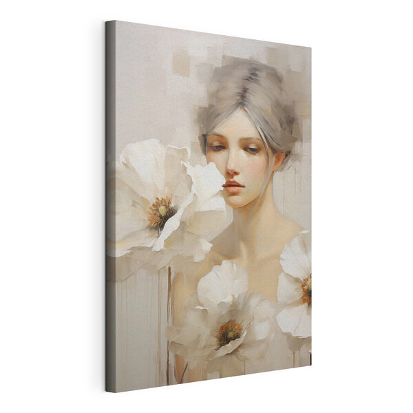 Canvas Schilderijen Schilderij van een vrouw met witte bloemen