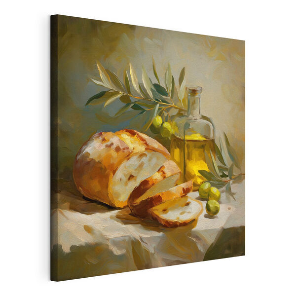 Canvas Schilderijen Schilderij van een stilleven met een brood en olijven