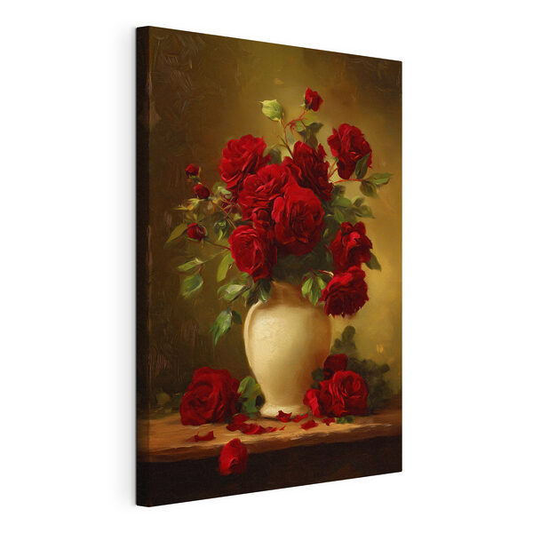 Canvas Schilderijen Schilderij van een vaas met rode rozen