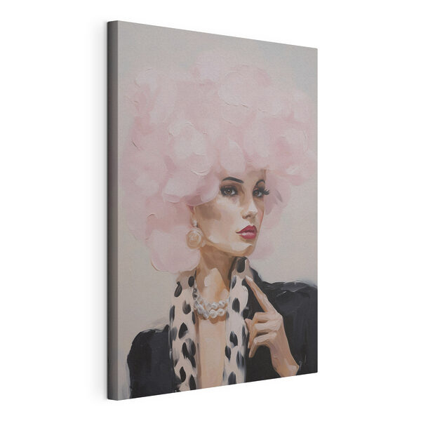Schilderij van een vrouw met roze, pluizig haar Canvas Schilderijen Schilderij van een vrouw met roze, pluizig haar
