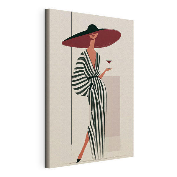 Vrouw in een gestreepte jurk met een glas wijn in haar hand Canvas Schilderijen Vrouw in een gestreepte jurk met een glas wijn in haar hand