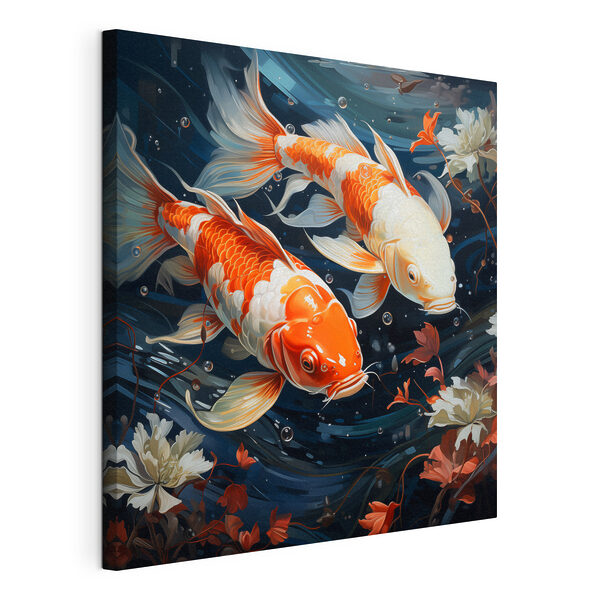 Een paar oranje en witte vissen die in het water zwemmen Canvas Schilderijen Een paar oranje en witte vissen die in het water zwemmen