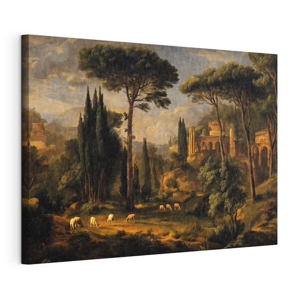 Schilderij van een landschap met bomen en een gebouw Canvas Schilderijen Schilderij van een landschap met bomen en een gebouw
