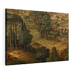 Canvas Schilderijen Schilderij van een landschap met bomen en dieren