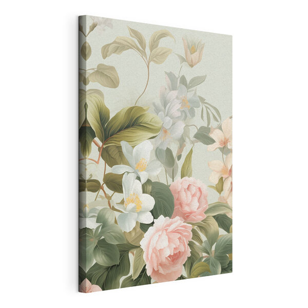 Canvas Schilderijen Bloeiende bloemen en weelderig groen blad