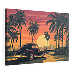 Canvas Schilderijen Auto geparkeerd op een weg met palmbomen en een stad op de achtergrond