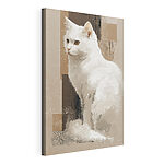 Canvas Schilderijen Witte kat die op een bruine ondergrond zit