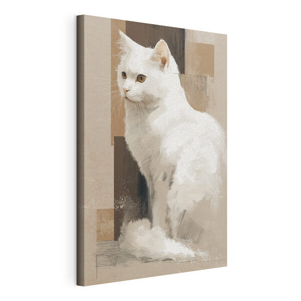 Witte kat die op een bruine ondergrond zit Canvas Schilderijen Witte kat die op een bruine ondergrond zit