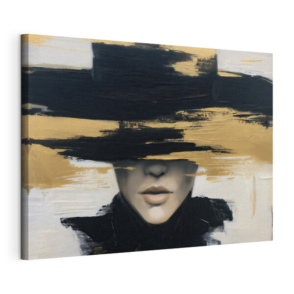 Schilderij van een vrouw met een hoed over haar ogen Canvas Schilderijen Schilderij van een vrouw met een hoed over haar ogen