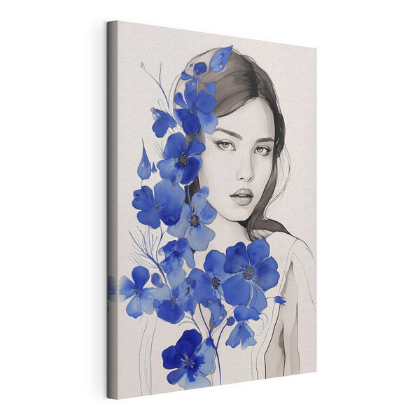 Vrouw met blauwe bloemen Canvas Schilderijen Vrouw met blauwe bloemen