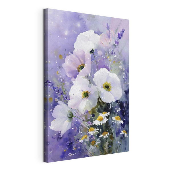 Schilderij van bloemen tegen een paarse achtergrond Canvas Schilderijen Schilderij van bloemen tegen een paarse achtergrond