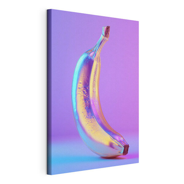 Canvas Schilderijen Kleurrijke banaan op een paarse achtergrond