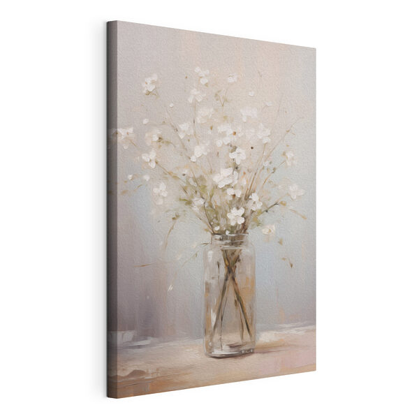Canvas Schilderijen Schilderij van een vaas met witte bloemen