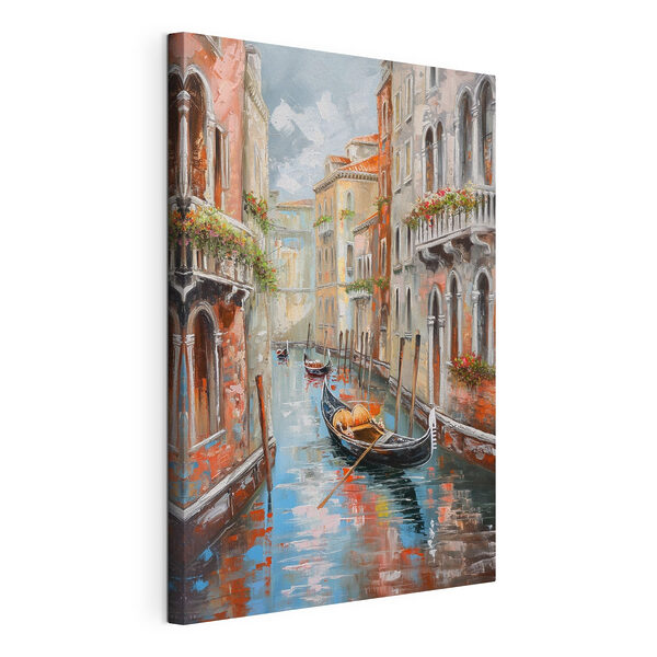 Schilderij van een kanaal met een gondel midden in de stad Canvas Schilderijen Schilderij van een kanaal met een gondel midden in de stad