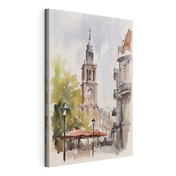 Aquarel van een gebouw met een klokkentoren Canvas Schilderijen Aquarel van een gebouw met een klokkentoren