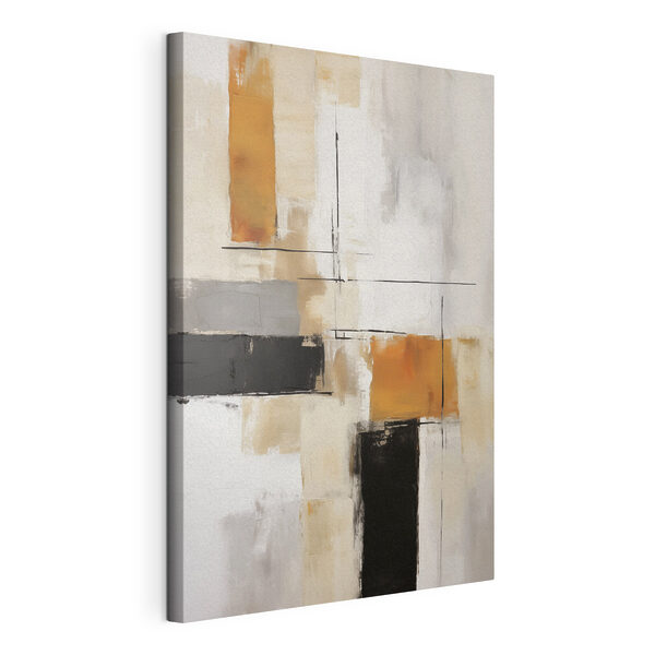Schilderij van een witte muur met zwarte en bruine vierkanten Canvas Schilderijen Schilderij van een witte muur met zwarte en bruine vierkanten