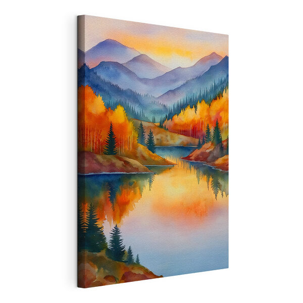 Aquarel van een meer omringd door bomen Canvas Schilderijen Aquarel van een meer omringd door bomen