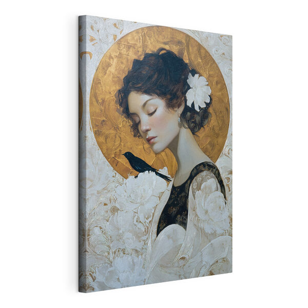 Schilderij van een vrouw met een vogel op haar schouder Canvas Schilderijen Schilderij van een vrouw met een vogel op haar schouder