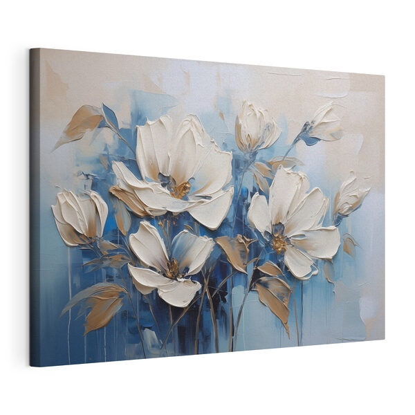 Canvas Schilderijen Schilderij van bloemen op een blauwe achtergrond
