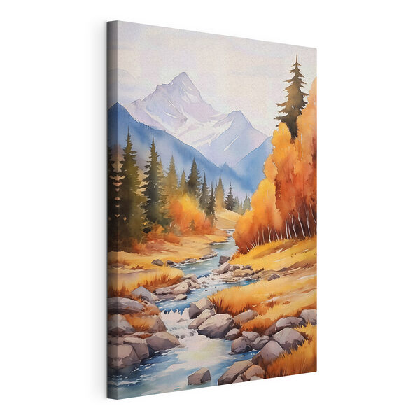 Aquarel van een rivier die door een bos stroomt Canvas Schilderijen Aquarel van een rivier die door een bos stroomt