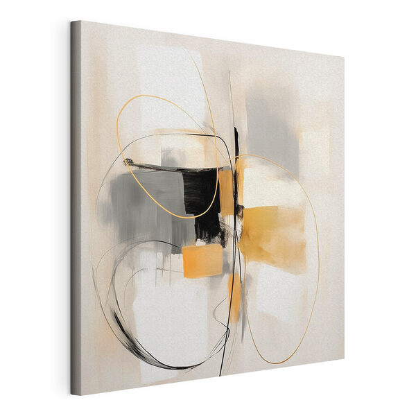 Schilderij van een witte muur met zwarte en gele cirkels en lijnen Canvas Schilderijen Schilderij van een witte muur met zwarte en gele cirkels en lijnen