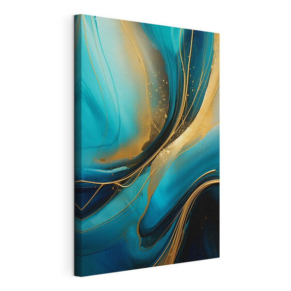 Dynamische stroom van blauw en goud Canvas Schilderijen Dynamische stroom van blauw en goud