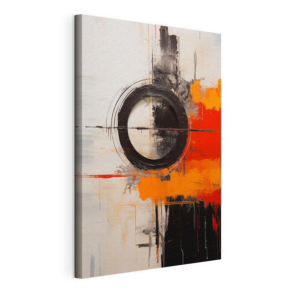 Canvas Schilderijen Zwarte cirkel met oranje en zwarte verf