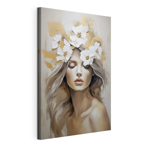 Canvas Schilderijen Schilderij van een vrouw met bloemen in haar haar