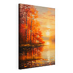 Canvas Schilderijen Schilderij van een meer met bomen en oranje bladeren